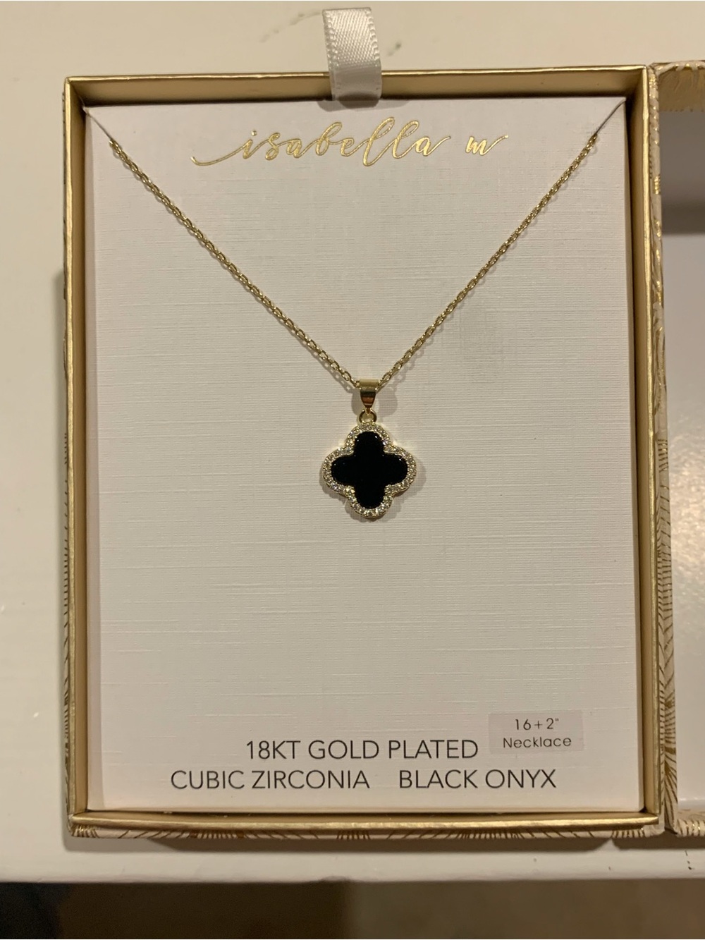 Isabella M 18kGold Plated Black Onyx and Cubic Zirconia Clover Pendant Necklace